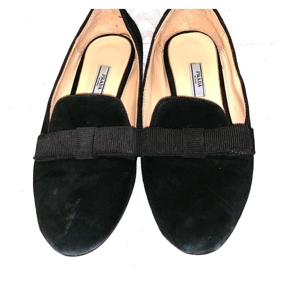 Prada Black Suede Bow Loafers